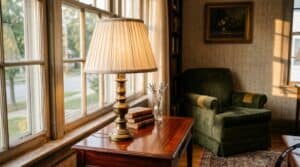 Cozy interior with glass lampshade, armchair, and wooden furniture.