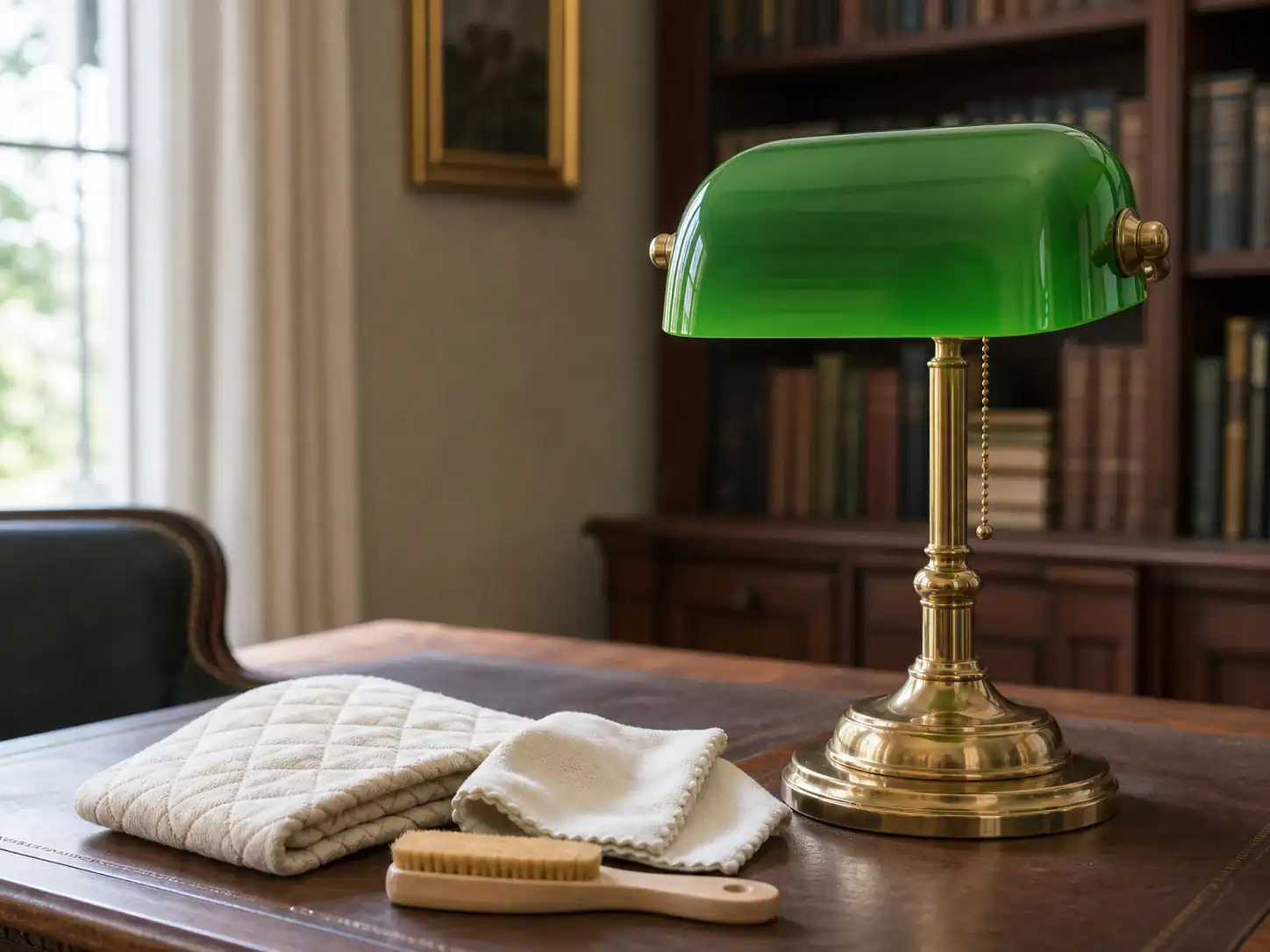 Green glass lampshade with brass base on wooden desk in classic study.