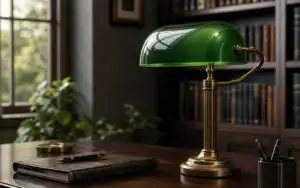 Green glass desk lamp with brass base in a cozy study.