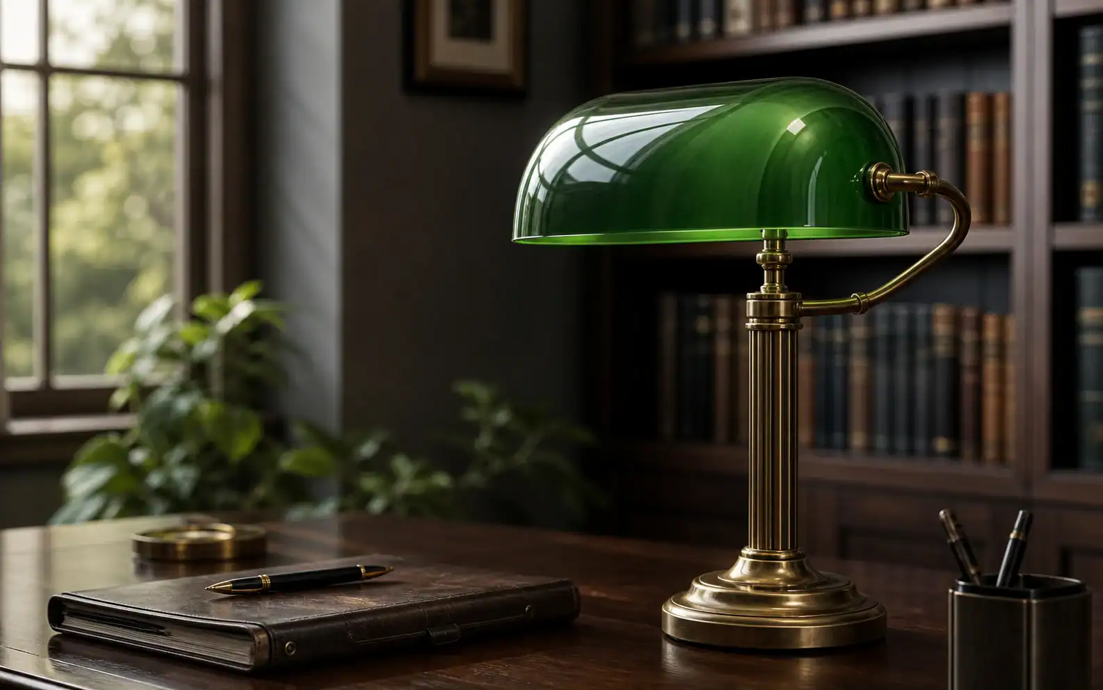 Green glass banker's lamp shade on a wooden desk in a quiet library