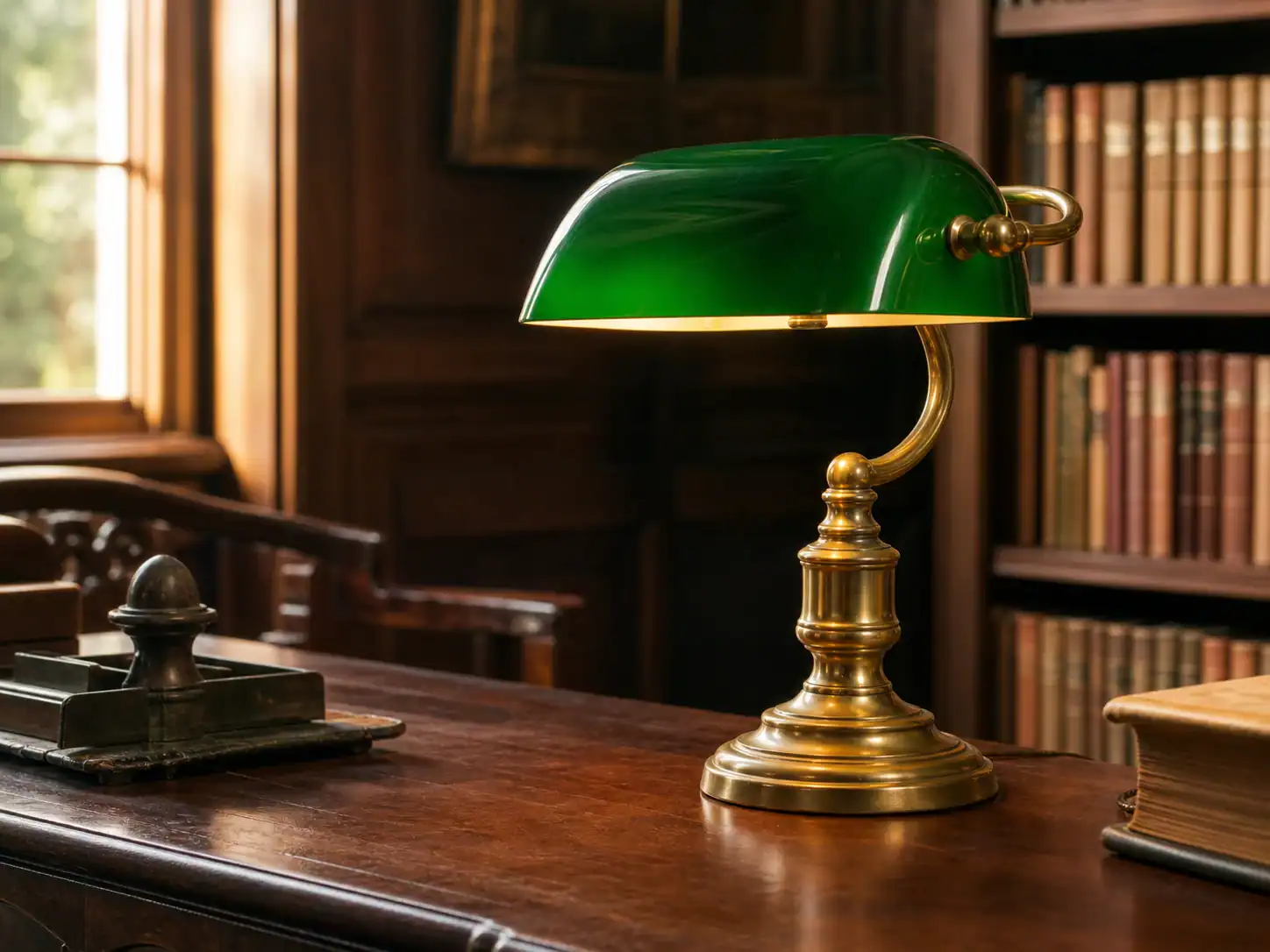 Traditional deep green banker's lamp shade in a wood-panelled library