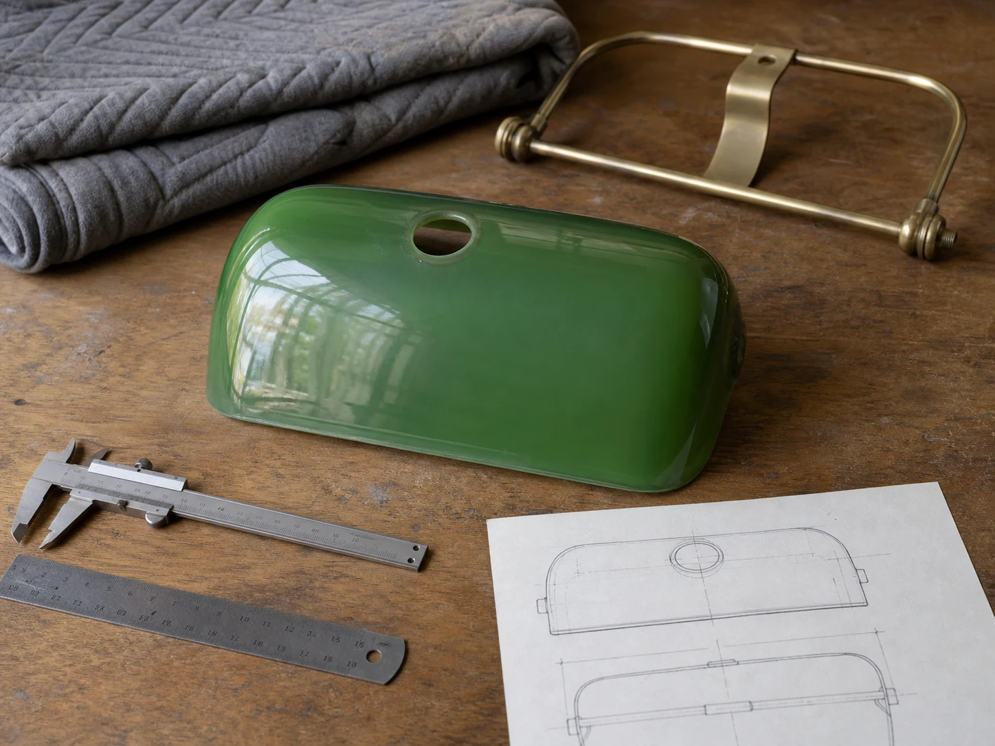 Green glass lampshade with design tools and sketch on wooden table.