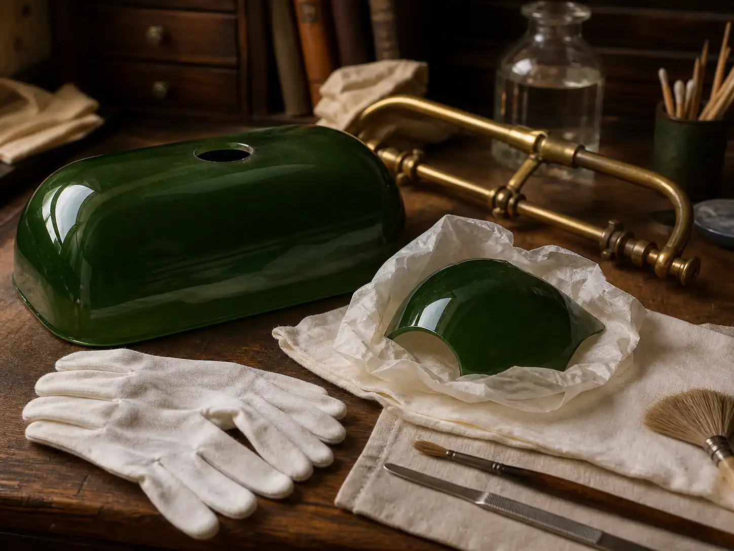 Green glass lampshade in manufacturing process with tools and gloves.