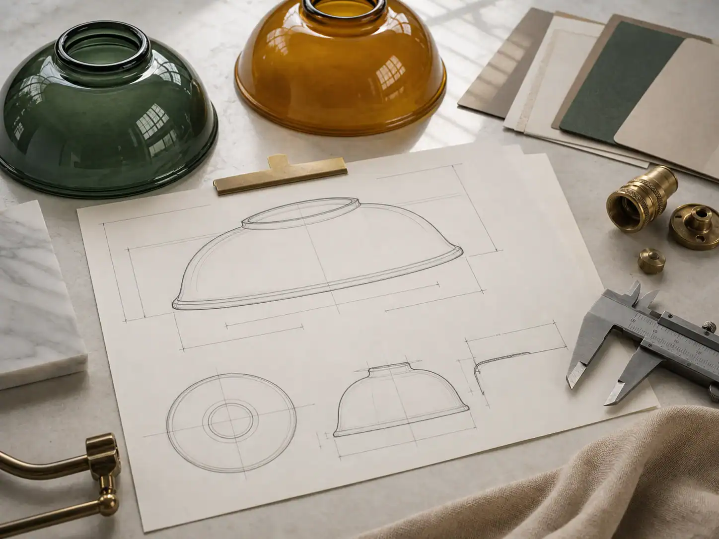 Design sketches and glass lampshades for custom lighting fixtures.