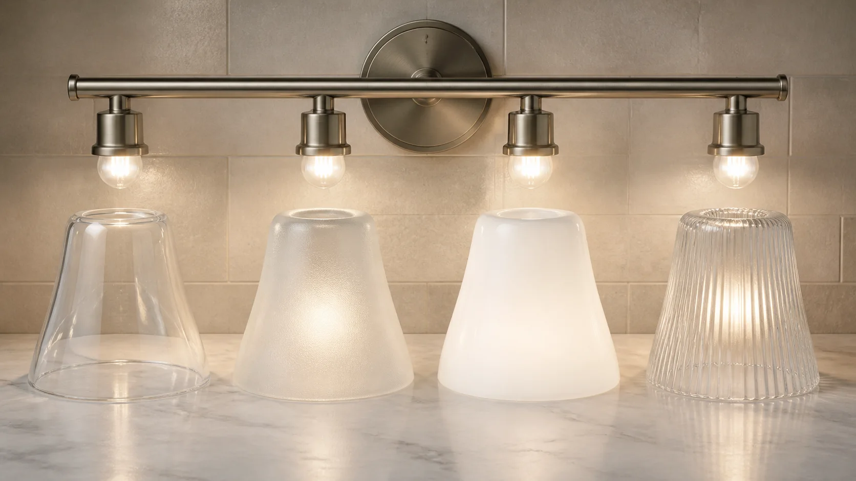 Clear, frosted, opal, and ribbed glass shade samples arranged under the same bathroom LED light