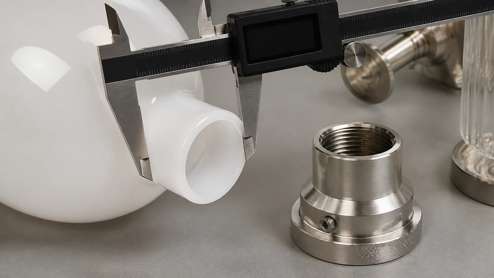 Digital caliper measuring the neck diameter of an opal glass lamp shade against a metal bathroom fixture holder