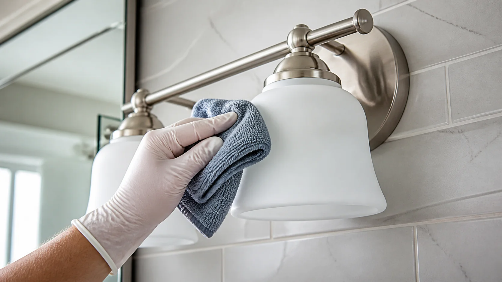 A gloved hand wiping a frosted glass bathroom shade with a microfiber cloth beside a clean vanity fixture