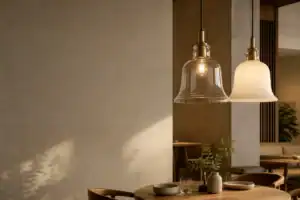 Modern glass lampshades hanging in a stylish interior setting.