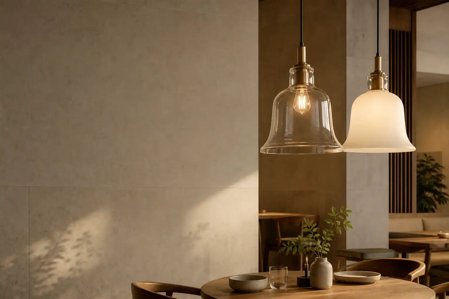 Clear and opal bell-shaped glass lamp shades installed on pendant fixtures