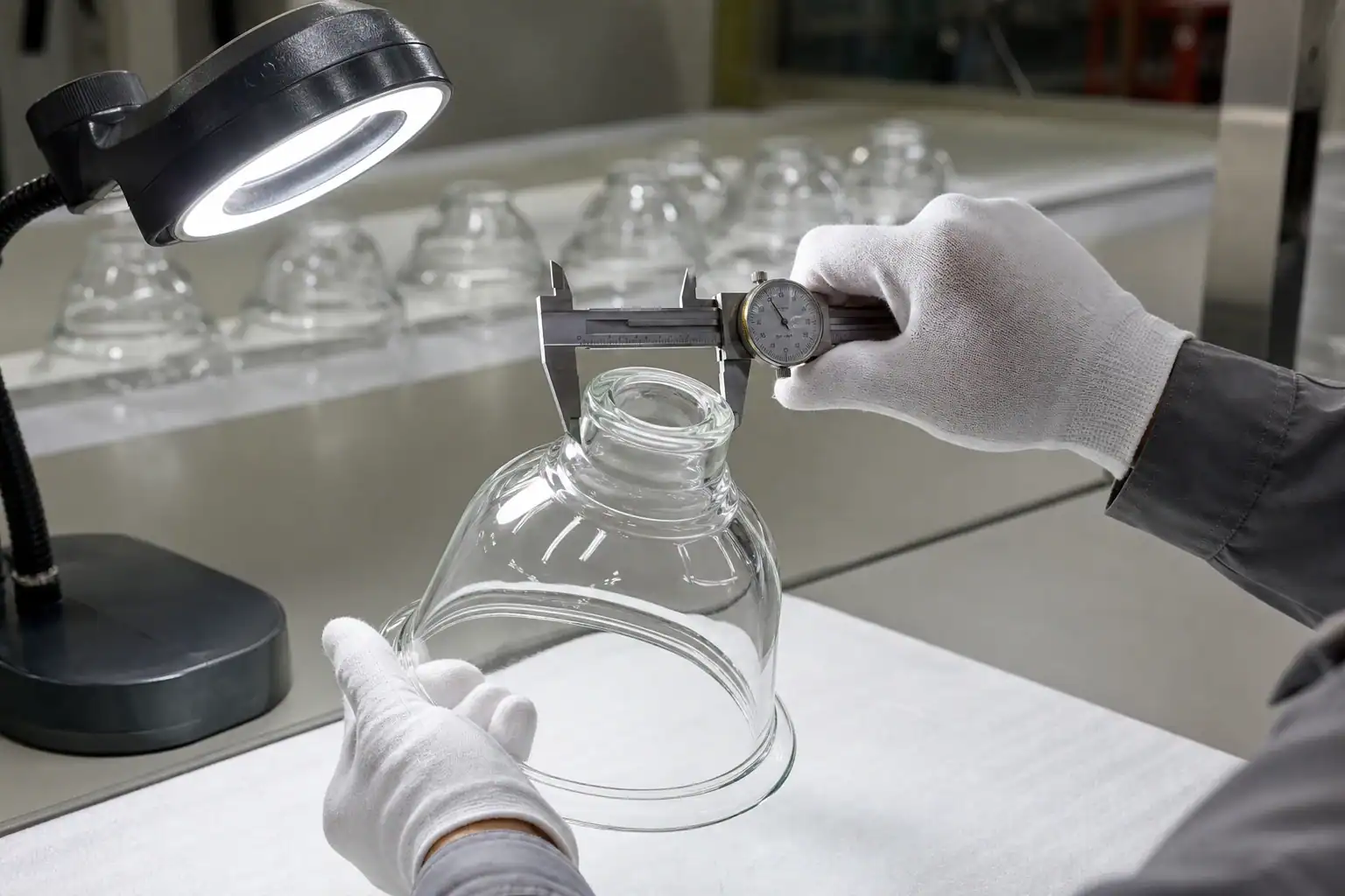 Close-up of glass lampshade being inspected in factory.