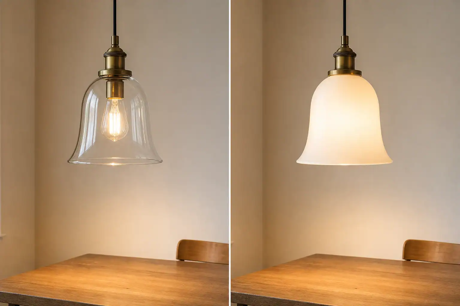 Elegant glass pendant lampshade with warm lighting for home decor.