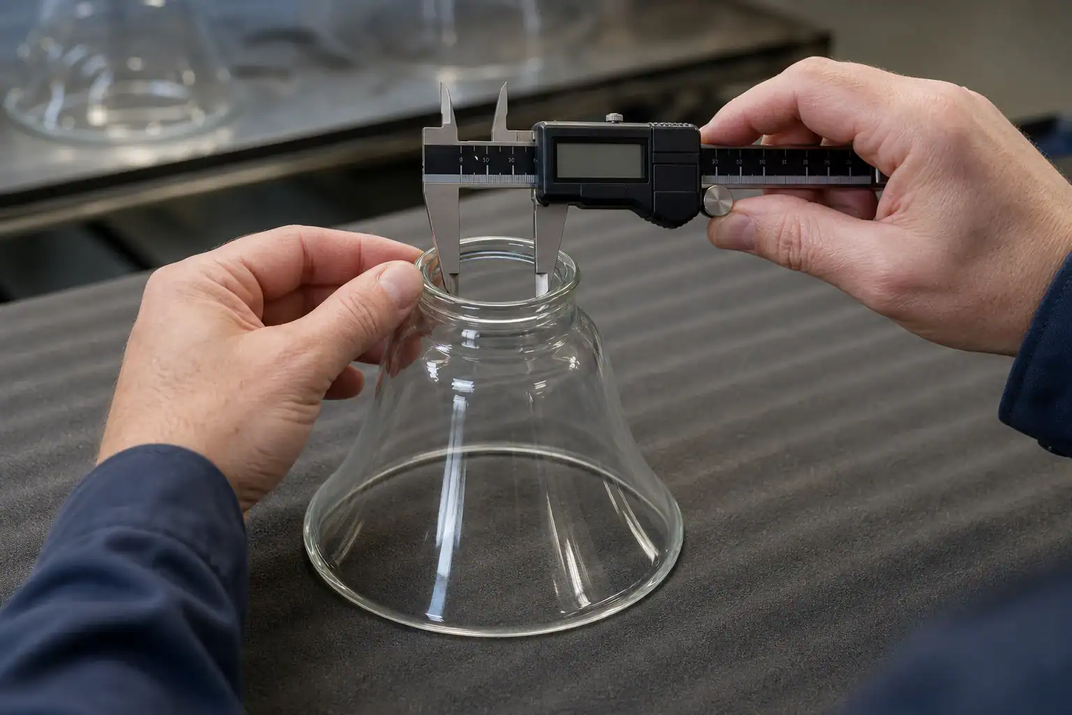Measuring a glass lampshade with digital caliper for quality control.
