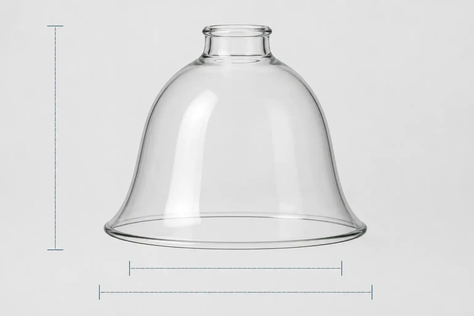 Clear glass lampshade with a bell shape for lighting fixtures.