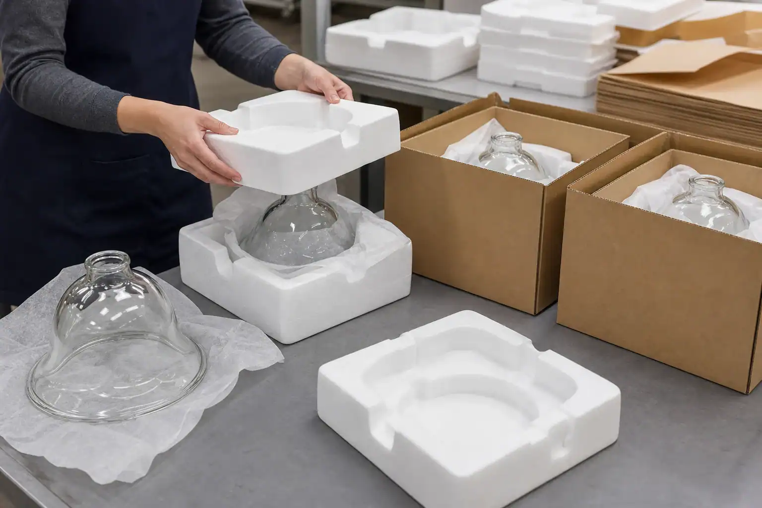 Worker packing glass lampshades in protective foam for shipping.