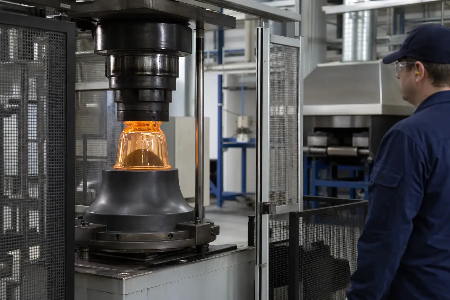 Industrial glass lampshade being formed in a manufacturing facility.
