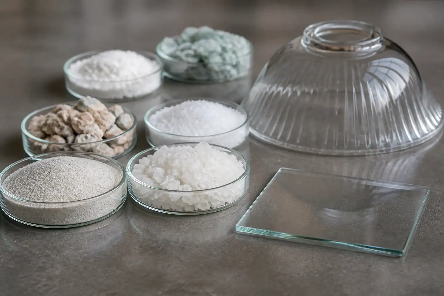 Glassmaking material samples beside a finished borosilicate coupon and lamp shade