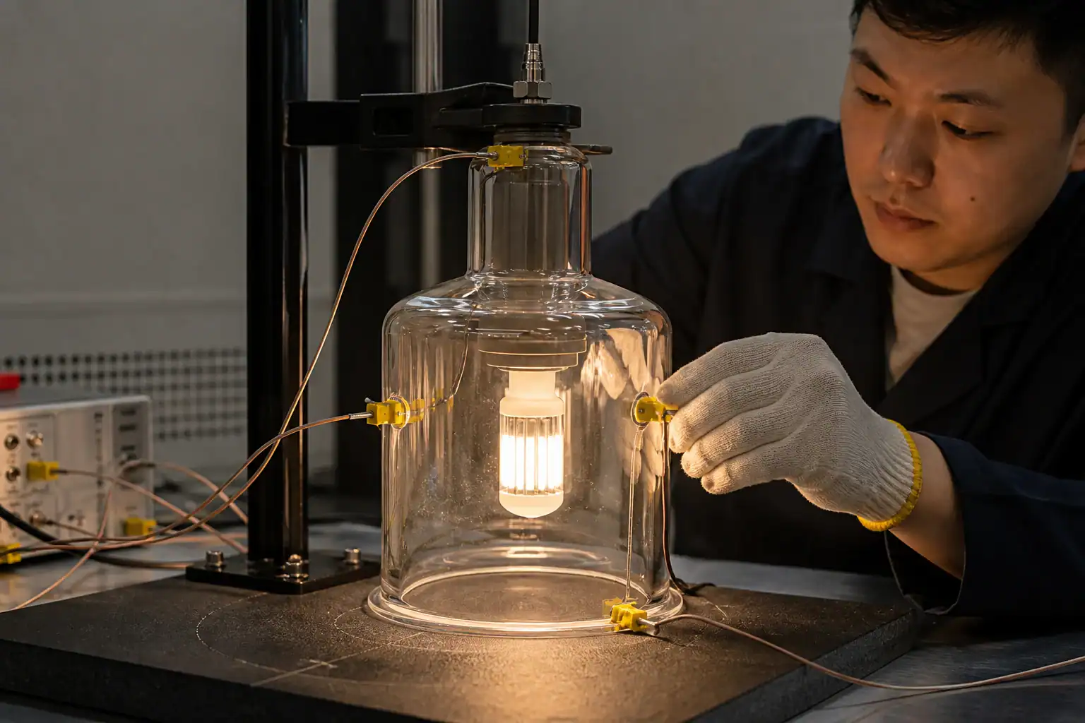 Borosilicate lamp shade mounted for a multi-point thermal test