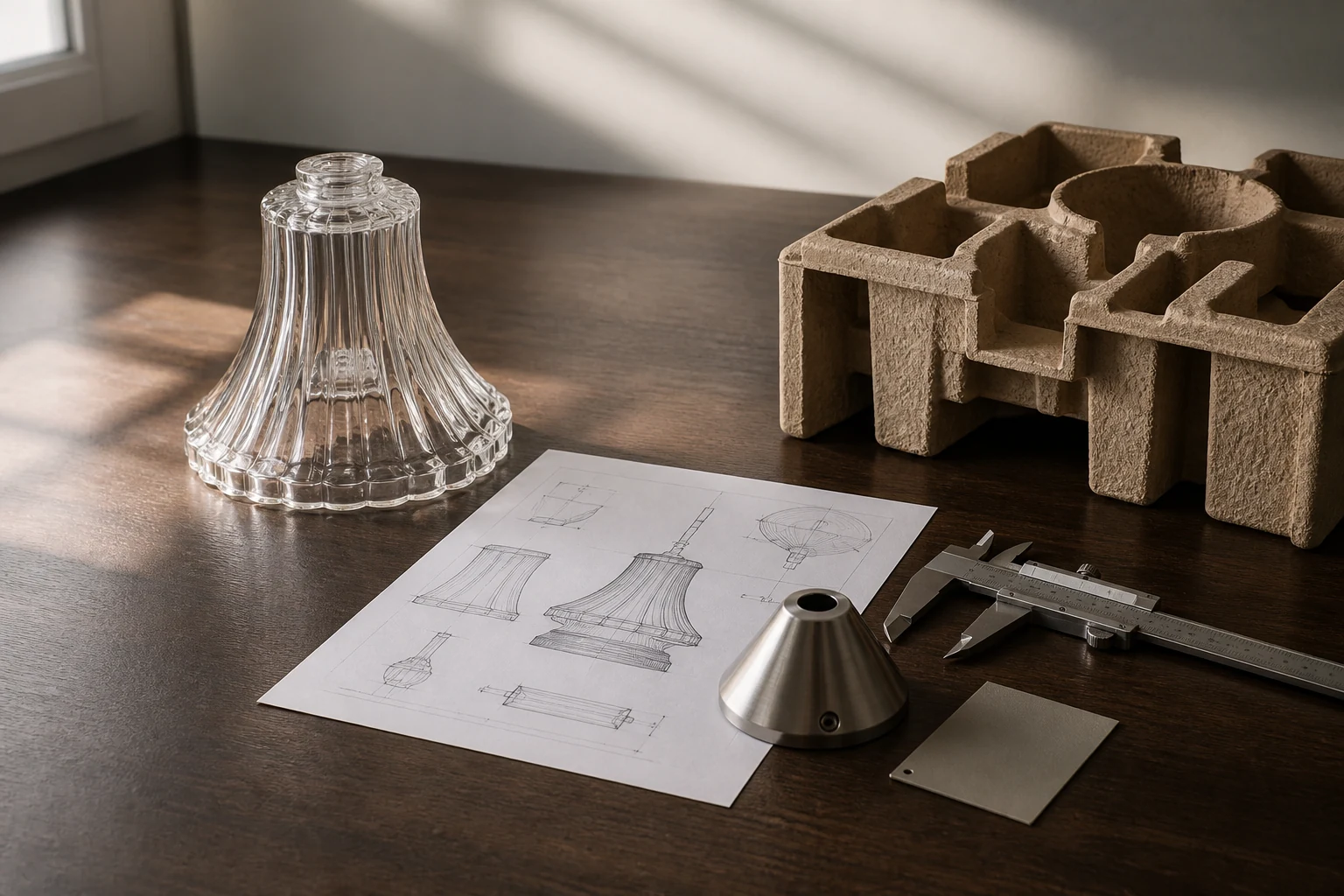 Borosilicate lamp shade prototype with drawing, fitter, finish sample and protective packaging