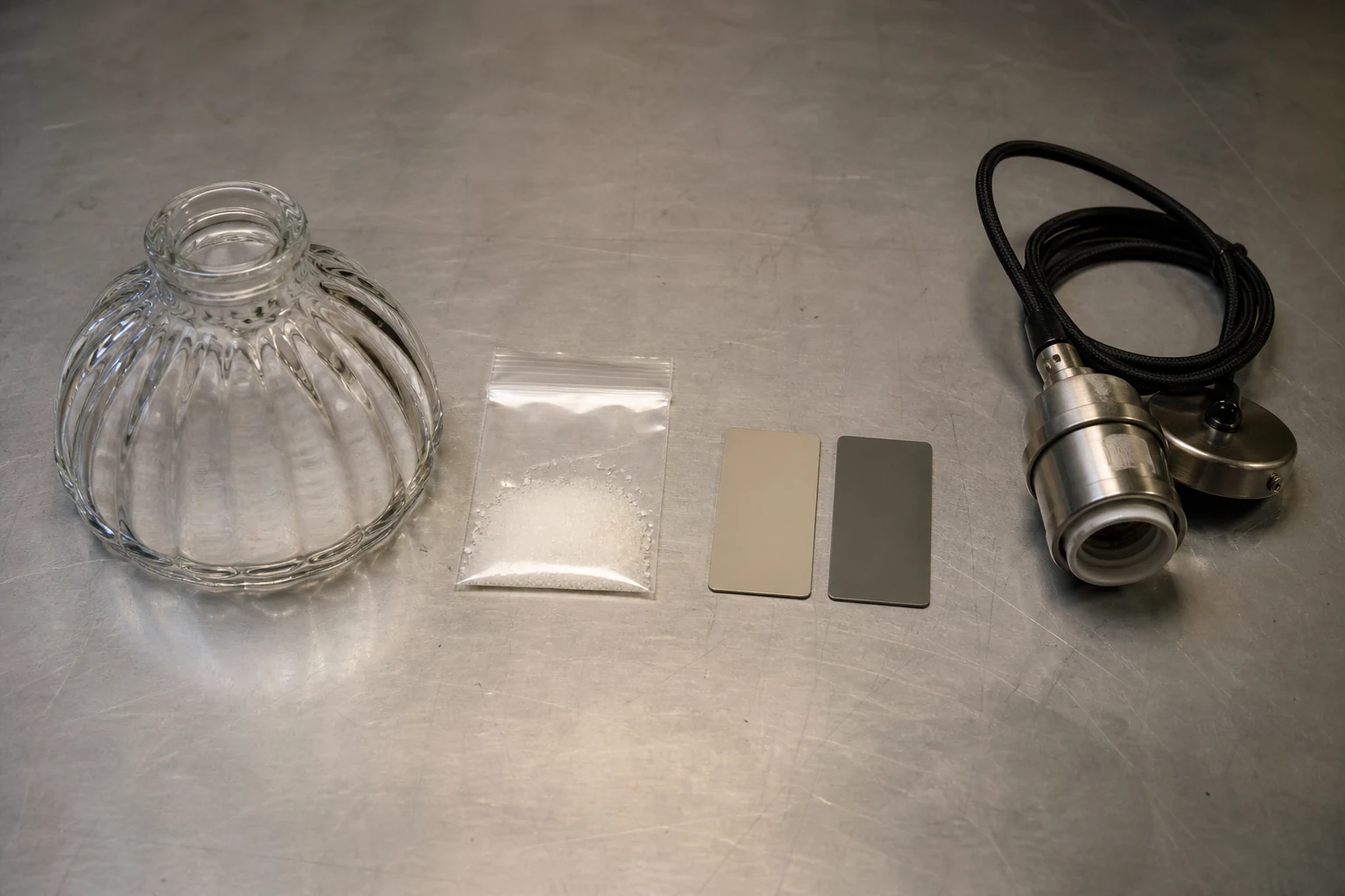 Finished shade, processing dust, coating samples and complete luminaire shown as separate safety questions