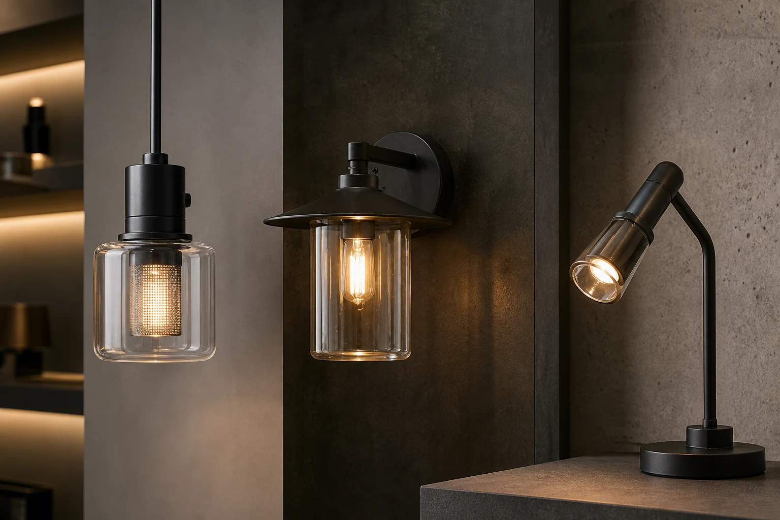 Hospitality pendant, sheltered outdoor wall light and task light with glass shades