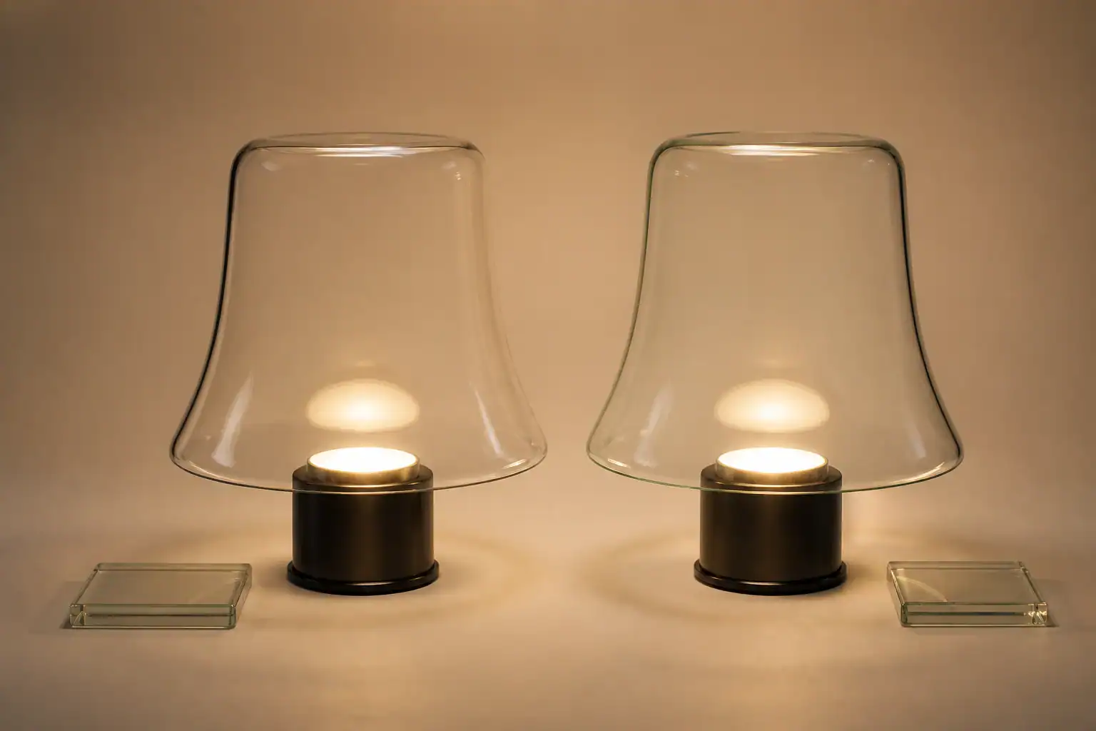 Matching borosilicate and soda-lime lamp shade samples compared under the same light