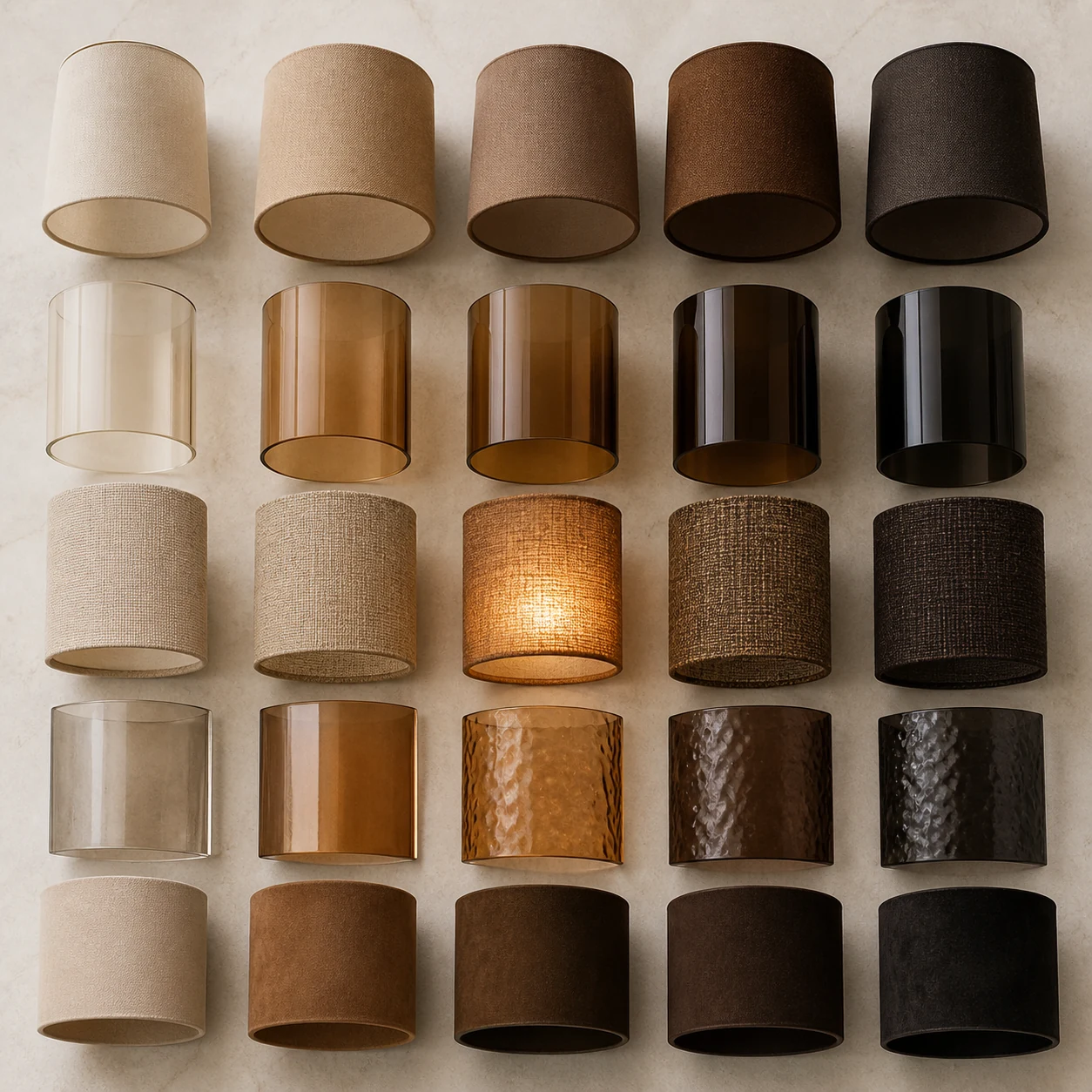 Brown lamp shade color family showing cocoa, tobacco, amber, bronze, and smoke-toned glass samples