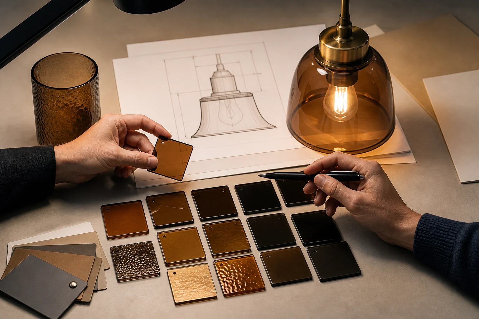Brown glass color chips, finish samples, fixture drawing, and lighted approval notes arranged for an OEM shade review