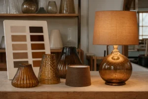 Abat-jour en verre et en tissu marron disposés à côté d'une lampe de table à lumière chaude et d'un nuancier