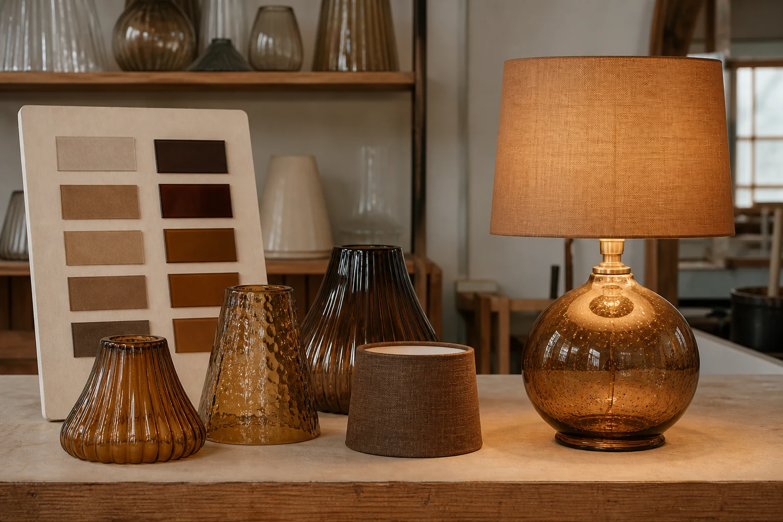 Braune Glas- und Stofflampenschirme, arrangiert neben einer warm beleuchteten Tischlampe und einer Farbmuster-Tafel