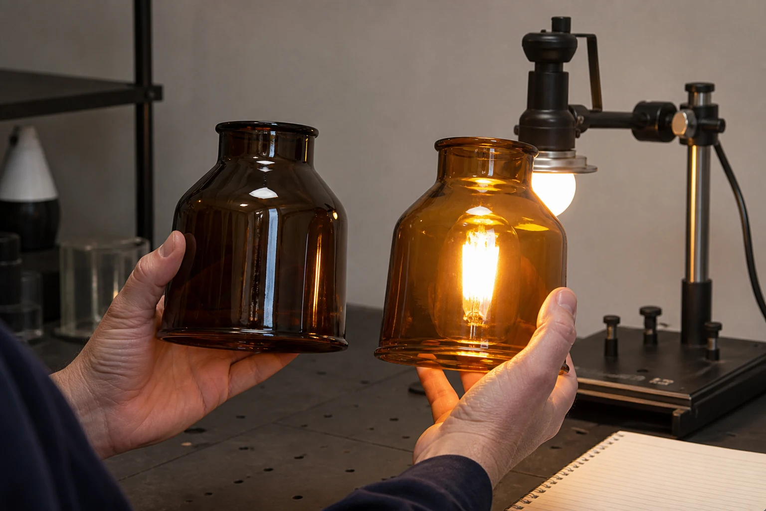 Brown and amber glass lamp shade samples tested over the same bulb on a light measurement bench