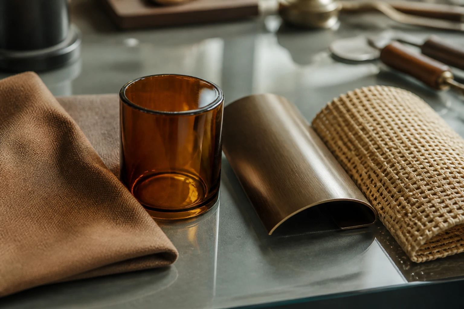 Brown fabric, amber glass, bronze metal, and woven lamp shade materials arranged for a buyer comparison