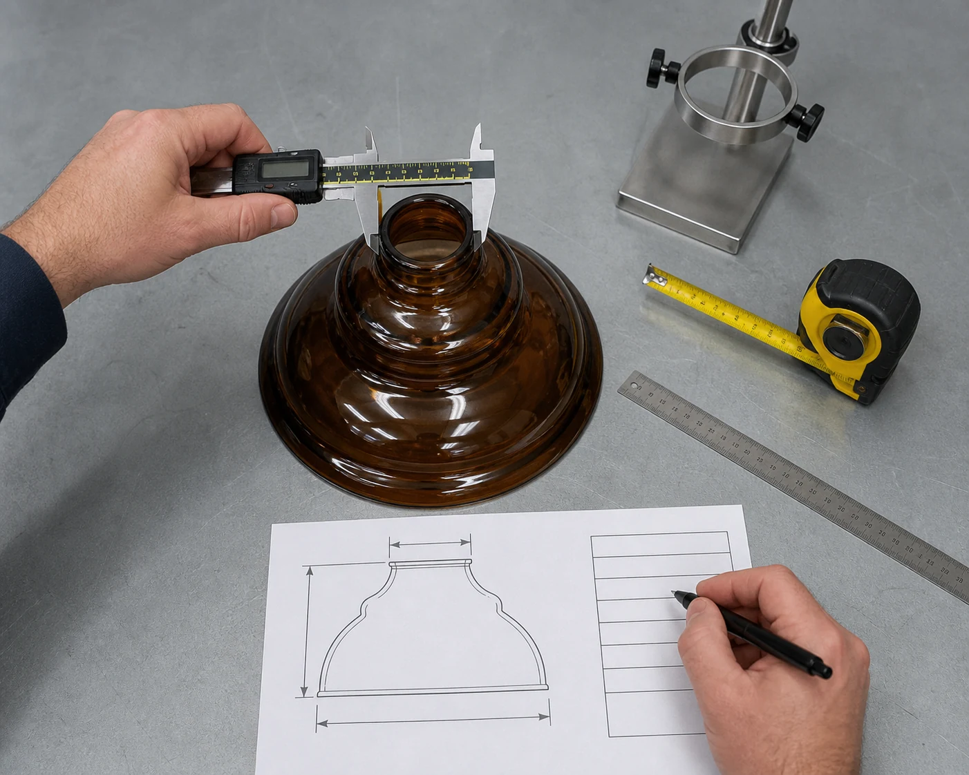 Caliper, ruler, and measurement sheet recording the opening, height, width, and fitter of a brown glass shade