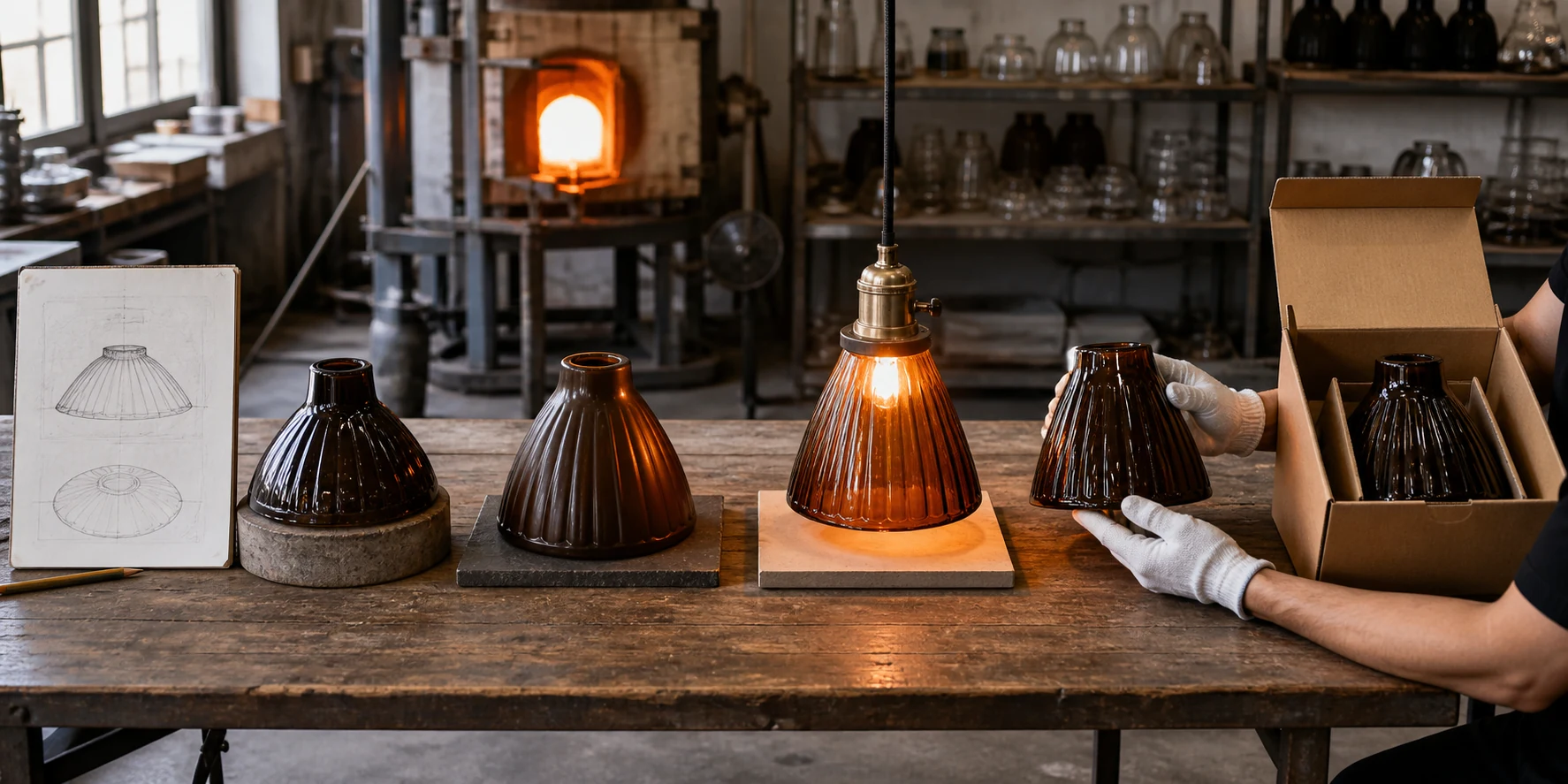 Brown glass shade development process from drawing review and sample approval to inspection and export packing