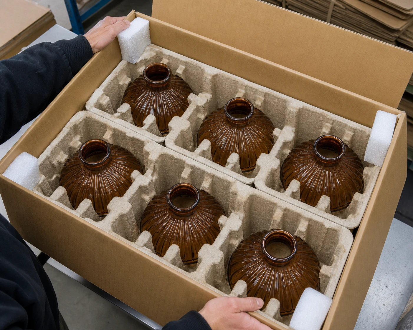 Brown glass lamp shades separated by protective inserts inside a practical export carton