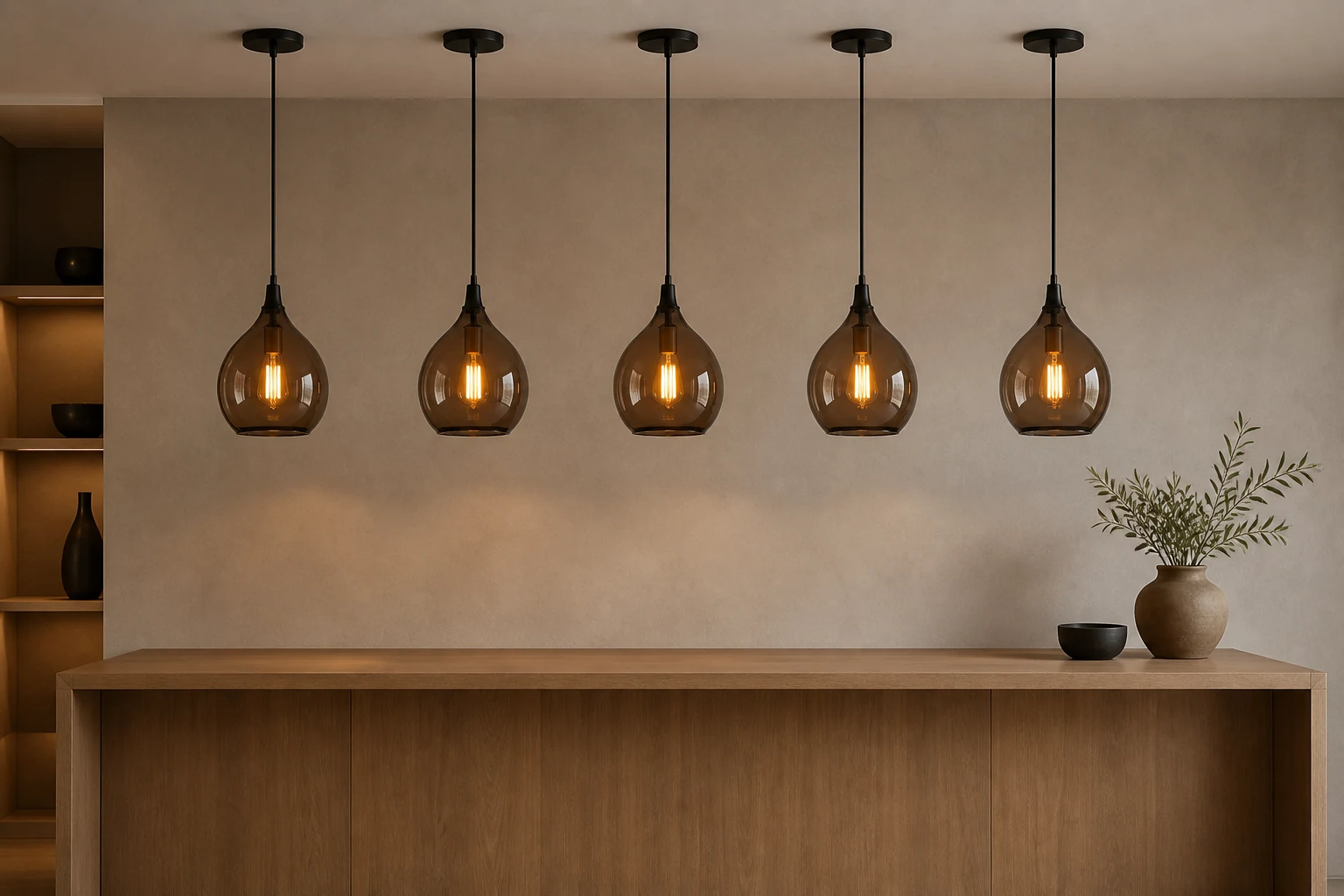 Matched brown glass pendant shades hanging in a small lighting collection with equal spacing