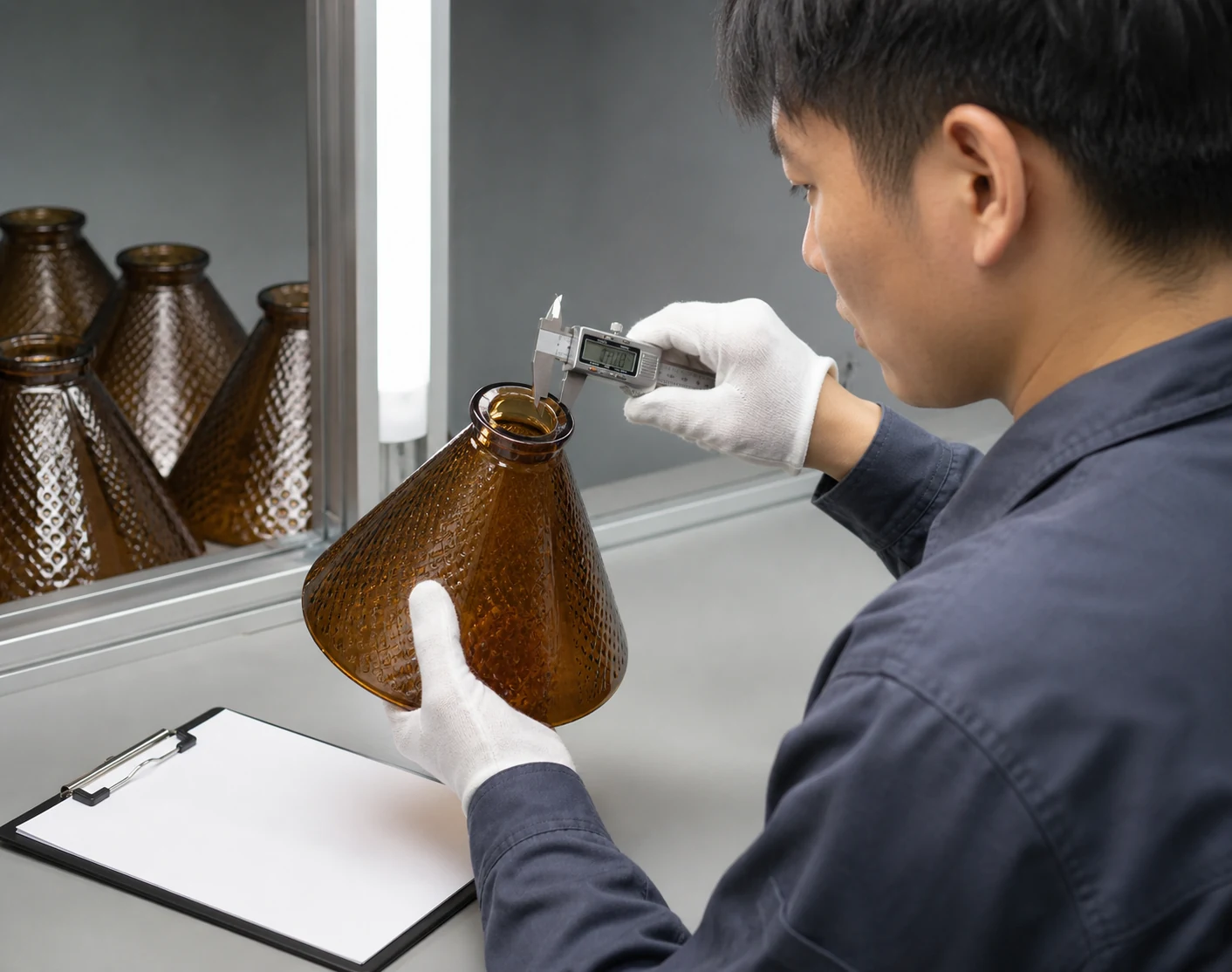 Quality inspector checking a brown glass lamp shade rim, surface finish, and dimensions with a caliper