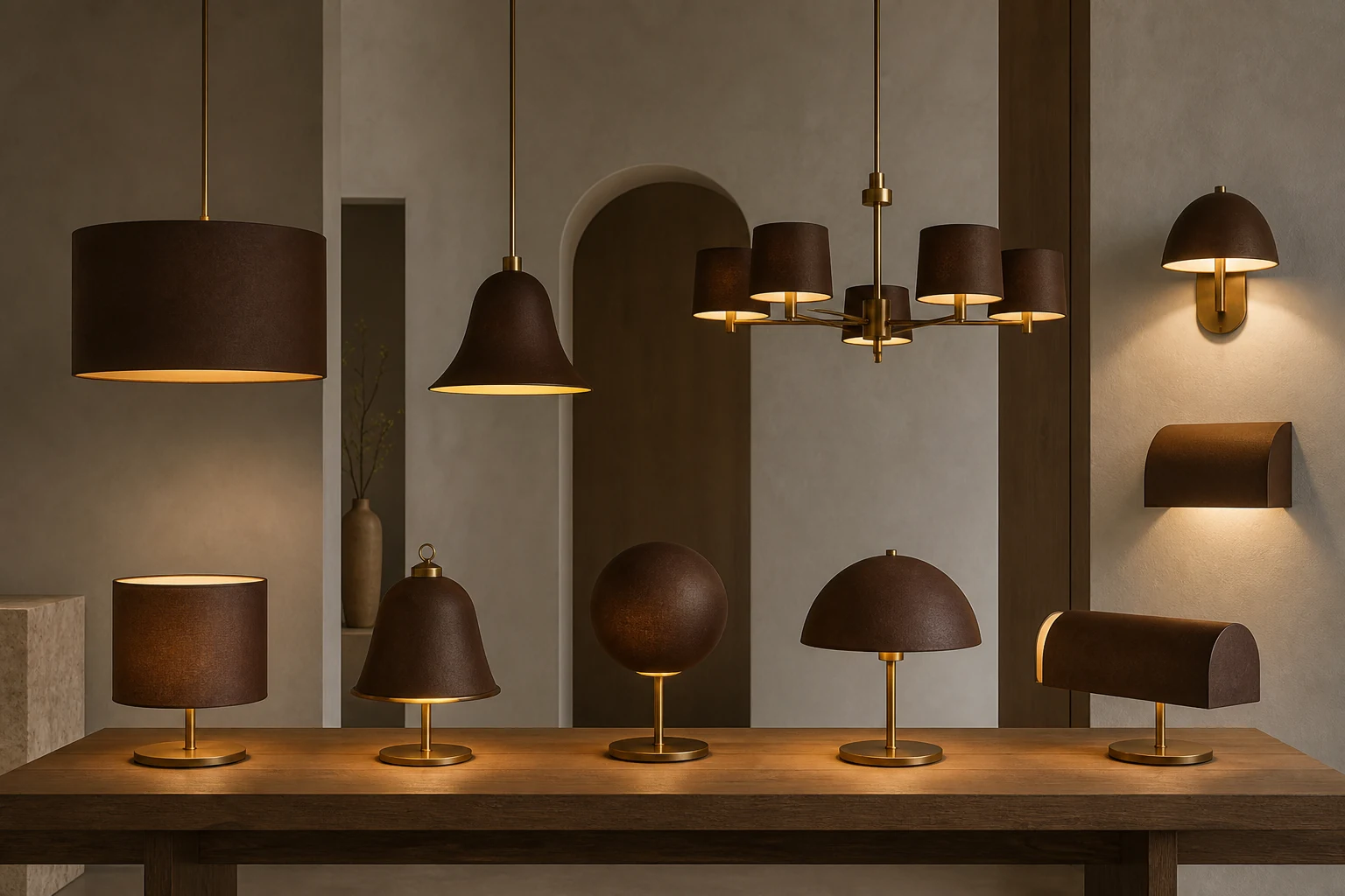 Brown drum, bell, globe, dome, and half-cylinder shades shown on different lighting fixtures