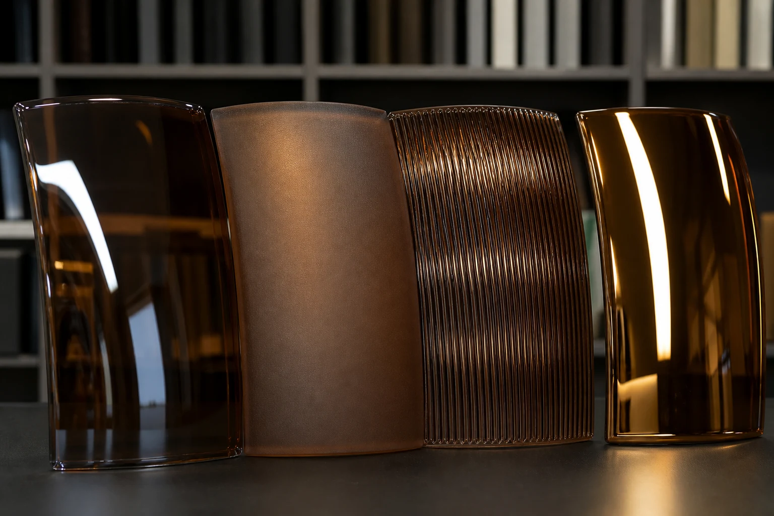 Close-up comparison of brown glass shade surfaces showing clear, frosted, ribbed, and electroplated finish directions