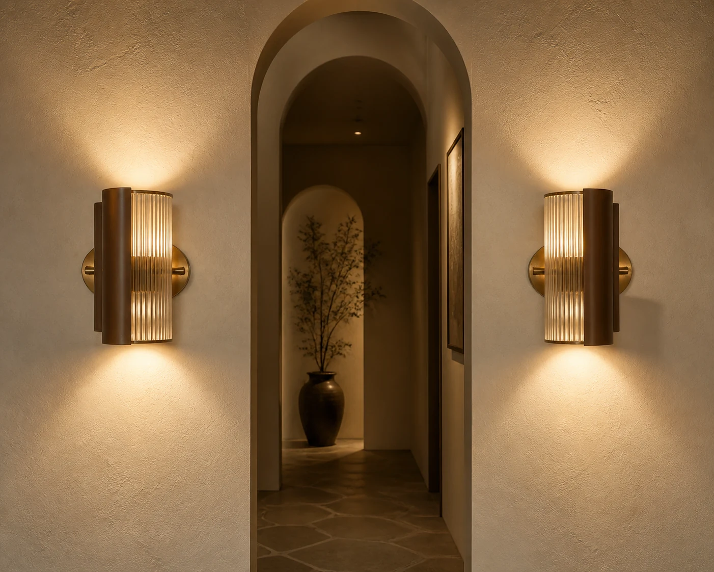 Brown half-cylinder and curved glass wall sconce shades installed on a textured wall
