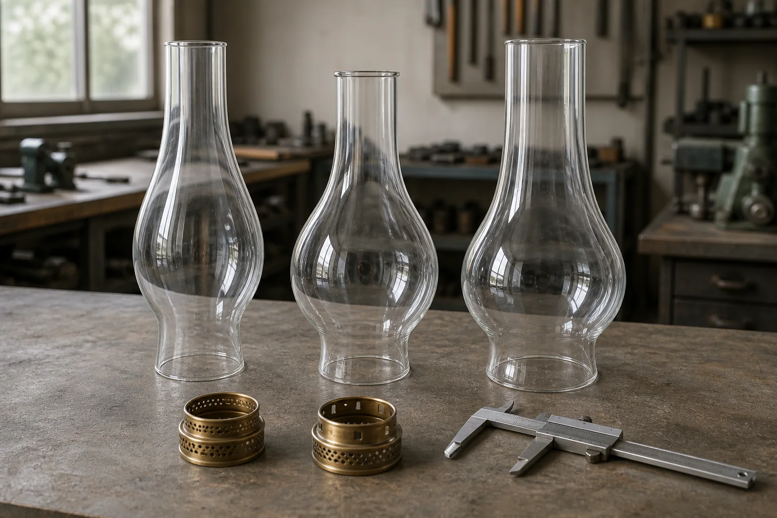 Three clear oil lamp chimneys with different base openings and profiles beside burner collars and a caliper on an inspection bench