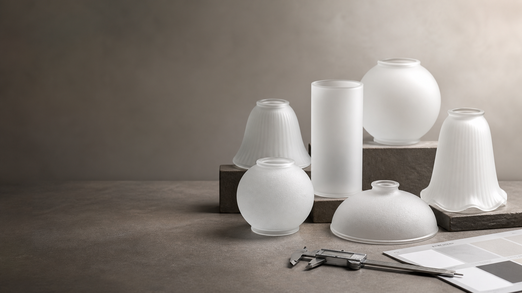 Frosted glass replacement lamp shades in bell, globe, cylinder and dome profiles