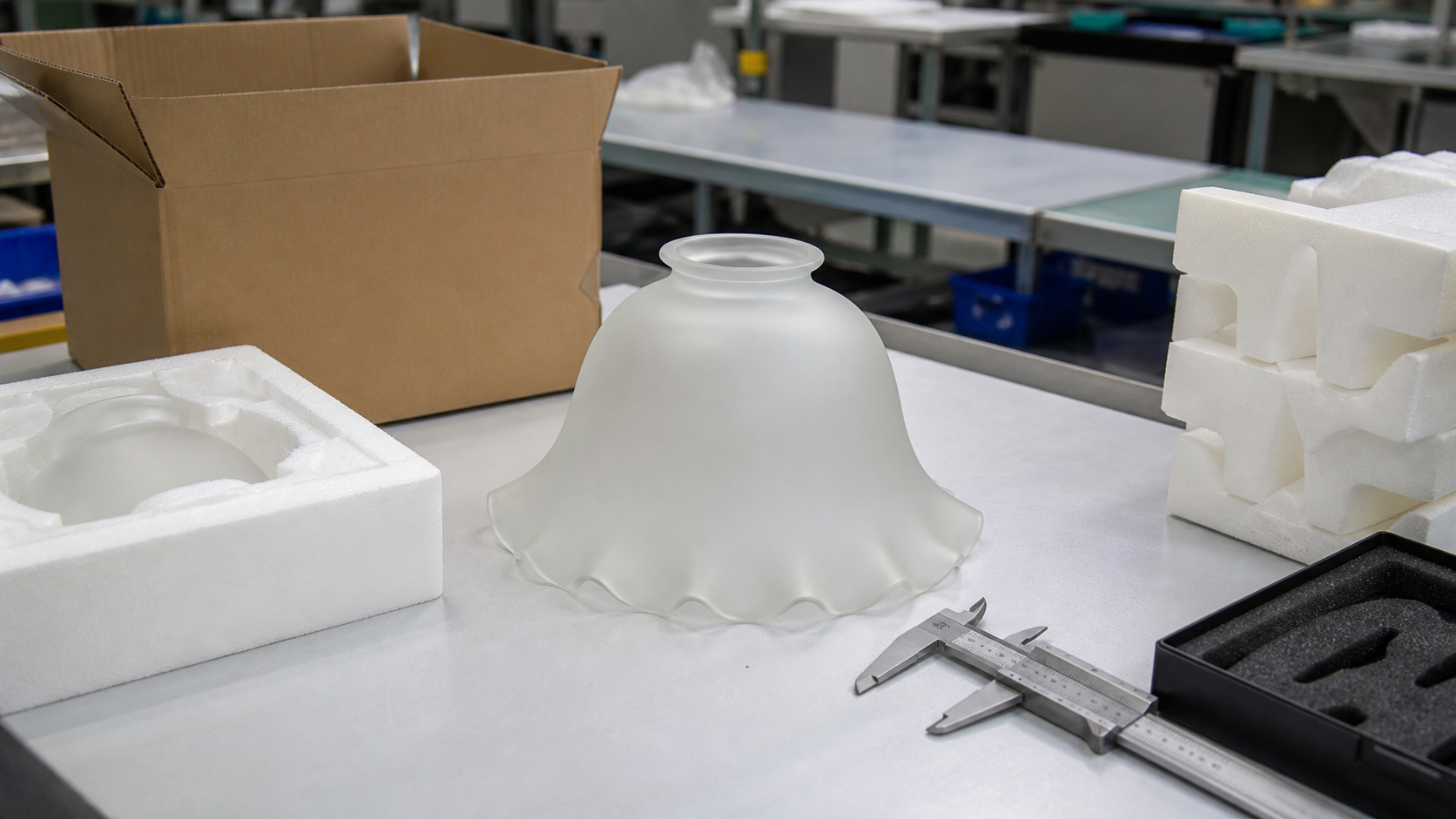 Inspecting frosted glass lamp shade dimensions and protective packaging