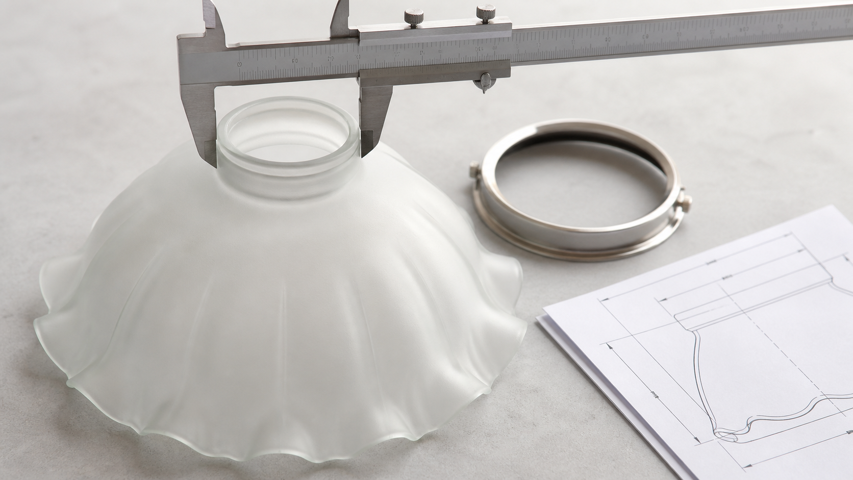 Measuring a glass lamp shade fitter opening with a caliper