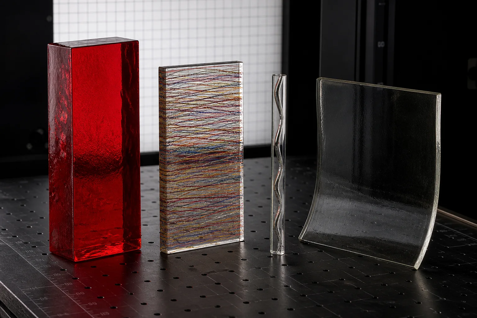 Une présentation de procédé propre et originale montrant des blocs de verre moulé, des fils colorés fusionnés, des détails de lignes travaillés au chalumeau et un panneau de verre affaissé par gravité interagissant avec la lumière