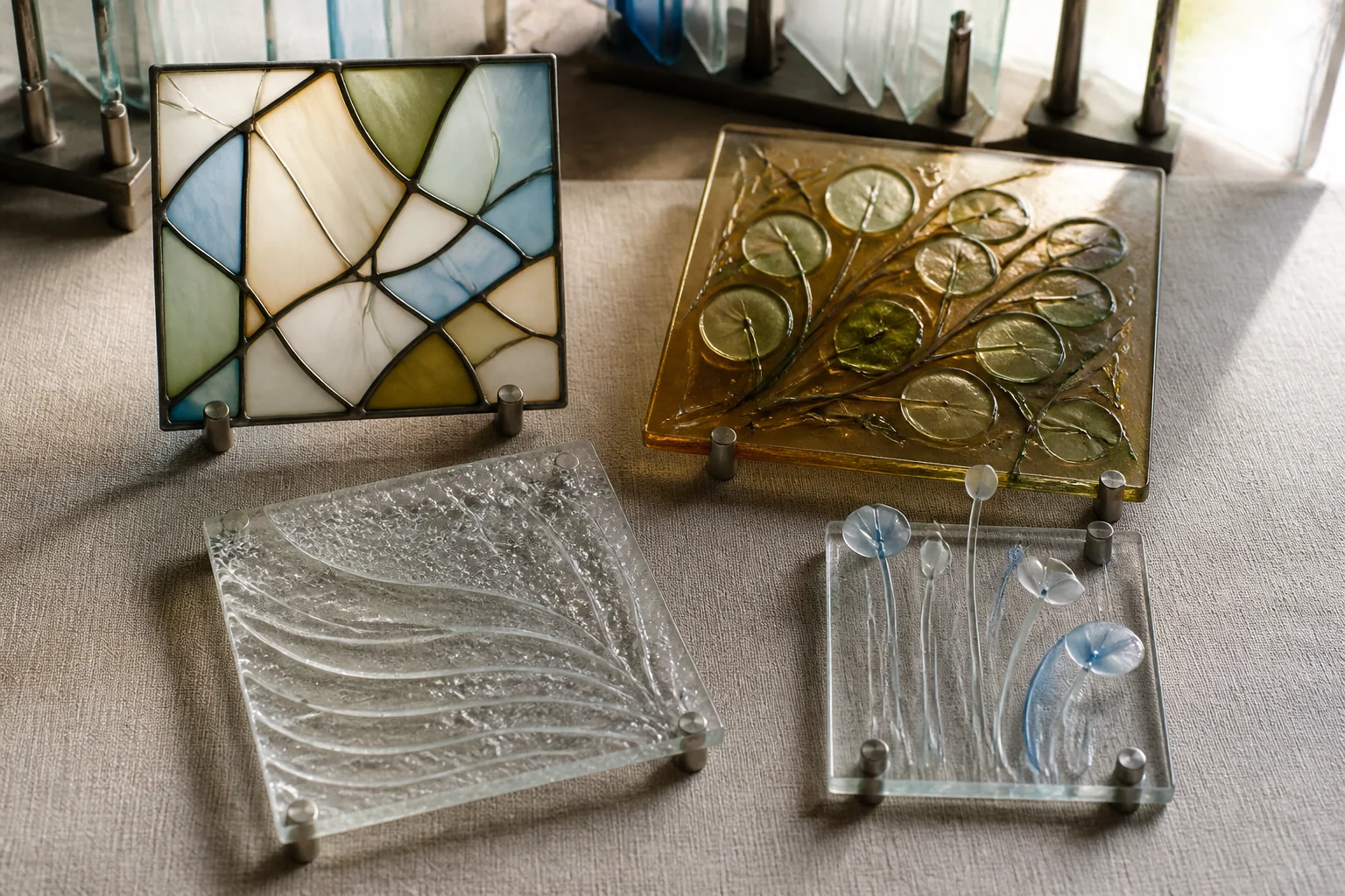 Quatre études originales en verre sur une table de design neutre montrant la couleur opalescente au plomb, le relief botanique superposé, le givre moulé et les pétales fins travaillés au chalumeau
