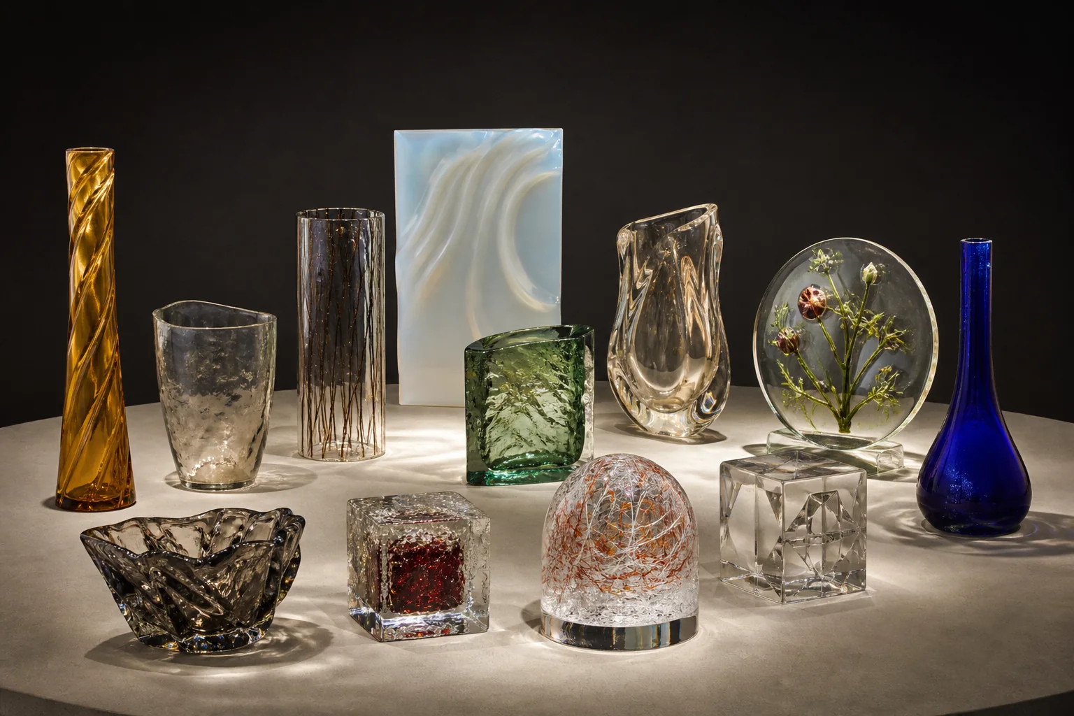 Une présentation originale de type musée de douze études distinctes en verre montrant les techniques de soufflage, de travail au chalumeau, de vitrail au plomb, de moulage et de thermoformage