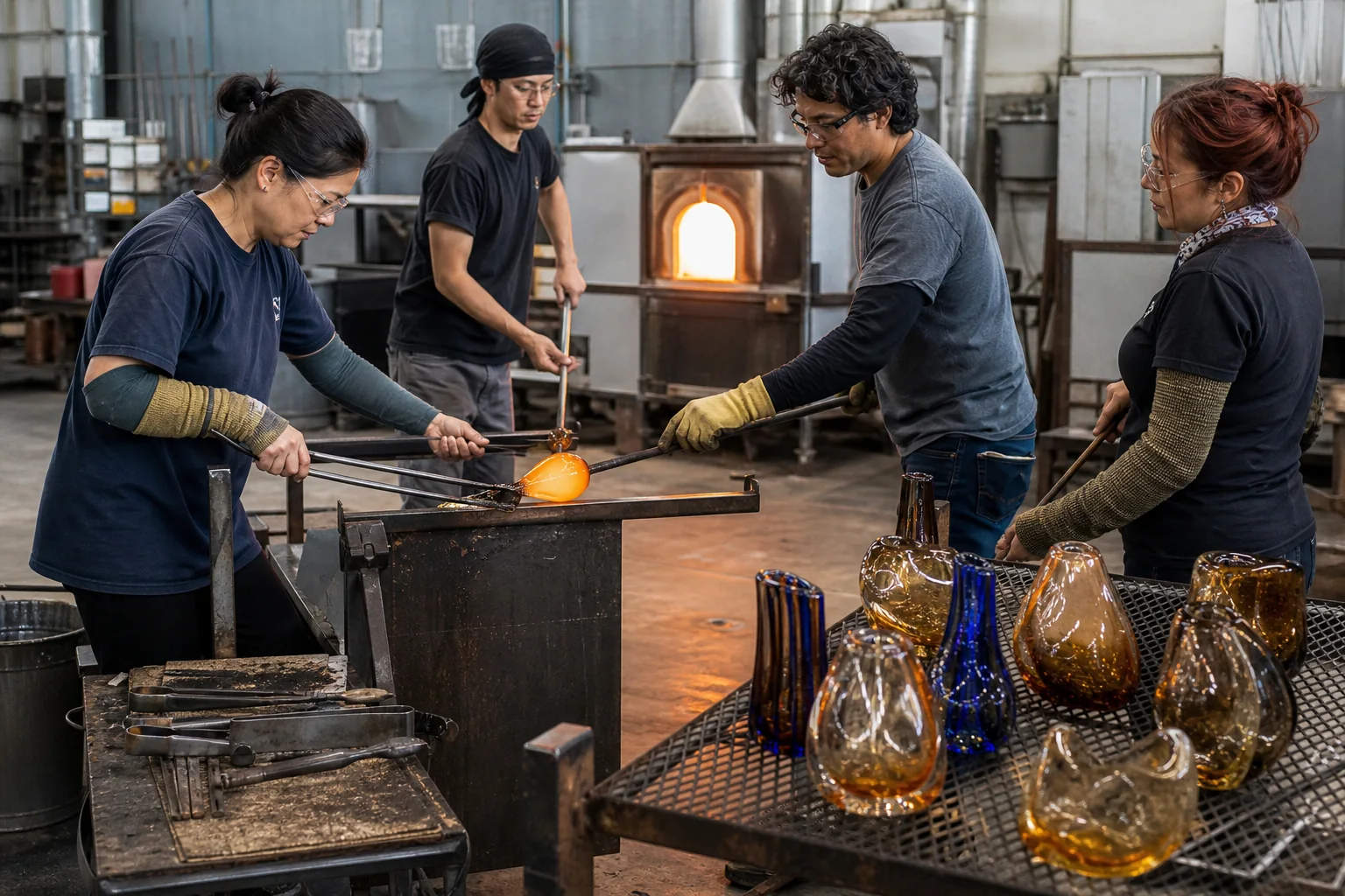 Une scène originale d'atelier de verre chaud avec une équipe diversifiée réalisant des études abstraites de verre pour luminaires, montrant la couleur à la canne, la répétition et le travail manuel contrôlé sans représenter d'artiste réel
