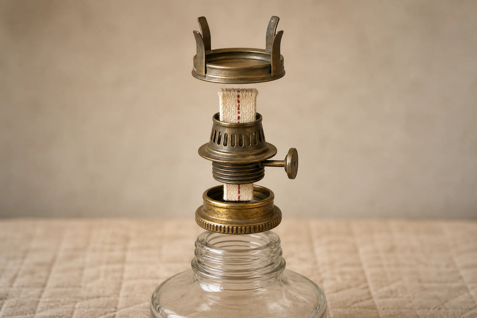 Flat-wick oil lamp font neck, collar, burner, wick and chimney support shown in assembly order
