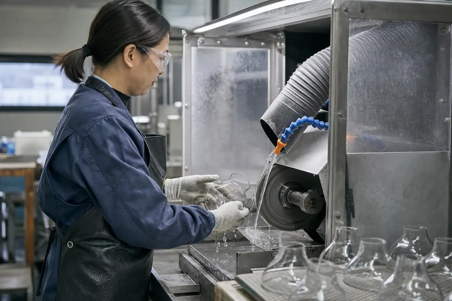 Wet glass rim grinding with local extraction and workshop protective equipment