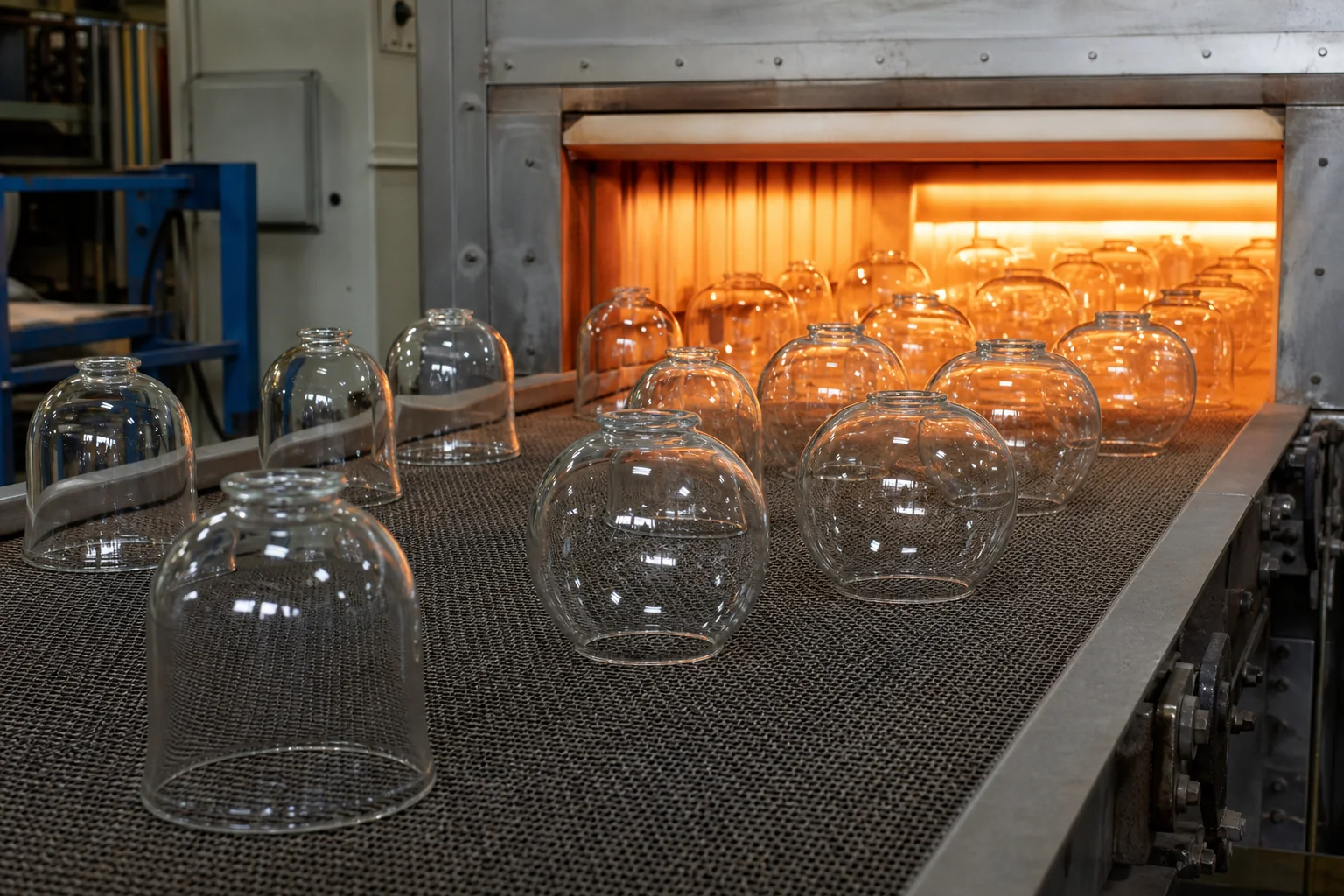 Rows of clear glass lamp shades moving through a controlled annealing oven
